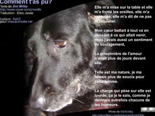 Elle m'a mise sur la table et elle m'a frotté les oreilles, elle m'a rassurée, elle m'a dit de ne pas m'inquiéter.  Mon cœur battait à tout va en pensant à ce qui allait venir, mais j'avais aussi un sentiment de soulagement.  La prisonnière de l'amour n'avait plus de jours devant elle.  Telle est ma nature, je me faisais plus de soucis pour cette femme.  La charge qui pèse sur elle est lourde, ça je le sais, comme je devinais autrefois chacune de tes humeurs.  