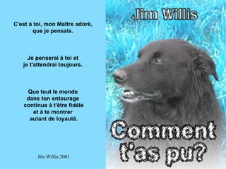 C'est à toi, mon Maître adoré,  que je pensais.  Je penserai à toi et  je t'attendrai toujours.  Que tout le monde  dans ton entourage  continue à t'être fidèle et à te montrer  autant de loyauté. Jim Willis 2001 