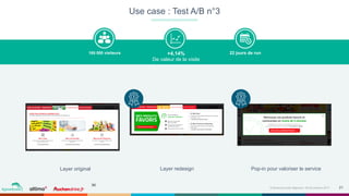 21Événement petit déjeuner- 09 Novembre 2017
￼
+4,14%
De valeur de la visite
165 000 visiteurs 22 jours de run
Use case : Test A/B n°3
Layer original Layer redesign Pop-in pour valoriser le service
 