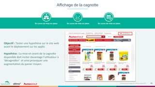 45Événement petit déjeuner- 09 Novembre 2017
Affichage de la cagnotte
En cours de mise en place
Objec4f	:	Tester	une	hypothèse	sur	le	site	web	
avant	le	déploiement	sur	les	applis	
	
Hypothèse	:	La	mise	en	avant	de	la	cagno=e	
disponible	doit	inciter	davantage	l’u?lisateur	à	
‘décagno=er’		et	ainsi	provoquer	une	
augmenta?on	du	panier	moyen.	
En cours de mise en place En cours de mise en place
 
