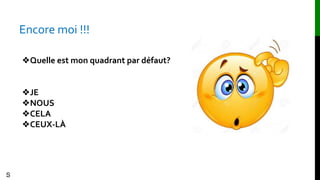 Encore moi !!!
S
❖Quelle est mon quadrant par défaut?
❖JE
❖NOUS
❖CELA
❖CEUX-LÀ
 