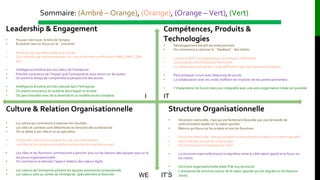 Sommaire: (Ambré – Orange), (Orange), (Orange – Vert), (Vert)
Leadership & Engagement
• Pouvoir vient avec le titre de l’emploi
• Évolution vers un focus sur le ``outcome``
• Attiré par les nouvelles idées et le succès
• On s’identifie par notre profession. On veut la dernière certification ( MBA, PMP, CSM,
etc)
• Intelligence émotive est une valeur de l’entreprise
• Prendre conscience de l’impact que l’entreprise et nous avons sur les autres
• On prend le temps de comprendre la perspective des autres.
• Intelligence émotive est très valorisé dans l’entreprise
• On prend conscience du système dans lequel on évolue.
• On peut travailler avec de la diversité et un modèle social complexe
Structure Organisationnelle
• Structure matricielle, mais qui est fortement ébranlée par une demande de
restructuration basée sur la valeur ajoutée.
• Matrice qui focus sur les projets et non les fonctions
• Structure matricielle, mais qui accepte la restructuration basée sur la valeur ajoutée.
• Nous sommes encore en mode projet.
• On commence à s’intéresser au client
• La structure matricielle trouve un équilibre entre le côté valeur ajouté et le focus sur
les clients.
• Structure organisationnelle plate (Flat org structure)
• L’entreprise de structure autour de la valeur ajoutée qui est alignée sur les besoins
clients
Compétences, Produits &
Technologies
• Développement itératif est embryonnaire
• On commence à valoriser le ``feedback`` des clients
• Limiter le WIP* est possible pour promouvoir l’efficience.
• Les pratiques technologiques fleurissent
• La collaboration est au service de l’efficience (pas des relations humaines)
• Peut pratiquer scrum avec beaucoup de succès
• La collaboration avec les unités d’affaire est implicite (et les parties prenantes)
• I ‘implantation de Scrum dans son intégralité avec une auto-organisation totale est possible.
Culture & Relation Organisationnelle
• La culture qui commence à valoriser les résultats.
• Les rôles et carrières sont déterminés en fonction des la hiérarchie
• On se dédie à son rôle et on se spécialise
• Culture qui valorise l’innovation & c’est une méritocratie
• Les rôles et les carrières sont définis en fonction du marché courant.
• Les rôles et les fonctions commencent à pencher plus sur les besoins des équipes que sur la
structure organisationnelle
• On commence à valoriser l’aspect relation des valeurs Agile
• Les valeurs de l’entreprise prônent les équipes autonomes (empowered)
• Les valeurs sont au centre de l’entreprise. Spécialement la diversité
I
WE
IT
IT’S
 