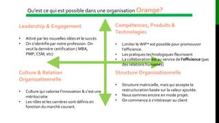 Qu’est ce qui est possible dans une organisation Orange?
Leadership & Engagement
• Attiré par les nouvelles idées et le succès
• On s’identifie par notre profession. On
veut la dernière certification ( MBA,
PMP, CSM, etc)
Structure Organisationnelle
• Structure matricielle, mais qui accepte la
restructuration basée sur la valeur ajoutée.
• Nous sommes encore en mode projet.
• On commence à s’intéresser au client
Compétences, Produits &
Technologies
• Limiter le WIP* est possible pour promouvoir
l’efficience.
• Les pratiques technologiques fleurissent
• La collaboration est au service de l’efficience (pas
des relations humaines)
Culture & Relation
Organisationnelle
• Culture qui valorise l’innovation & c’est une
méritocratie
• Les rôles et les carrières sont définis en
fonction du marché courant.
 