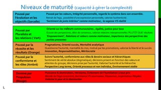 Poussé par
l'évolution et les
objectifs (Sarcelle)
Poussé par les valeurs, Intégrité personnelle, regarde le système dans son ensemble.
Retrait de l'ego, possibilité d’une expression personnelle, valorise l’authenticité.
‘Sentiment de juste intérieur’ comme motivateur, la sagesse VS réalité
Orienté sur les valeurs communautaires , égalité, justice pour tous
Écoute des perspectives, désir de consensus, valorise relations interpersonnelles ‘PLUTÔT QUE’ résultats
‘Empowerment’, Relations et valeurs comme motivateur, Importance des perspectives des
parties prenantes
Poussé par
Pluraliste et
les relations ( Vert)
Puissance & Domination, Héroïsme, Évitement de l’humiliation à tout prix
Monde de l’ego concentré, dominance VS soumission, Royaumes, organisation illégales
Valorise la peur et la domination
Dominé par
l'impulsion
(Rouge)
Suivre l’autorité, conformisme aux rôles & devoirs sociaux et hiérarchiques
Sentiment de vérité absolue (dogmatique), décisions prisent en fonction des valeurs et
attentes du groupe, décisions prise par l’autorité, Valorise l’autorité et la Hiérarchie
Perspective Long terme, Orienté processus et non individus, Environnement stable
Poussé par le
conformisme et
les rôles (Ambré)
Pragmatisme, Orienté succès, Mentalité analytique
Questionne l'autorité, mentalité du moi, motivé par les promotions, valorise la liberté et le succès
Innovation, Responsabilisation, Méritocratie
Poussé par la
réussite et les
résultats (Orange)
L
Niveaux de maturité (capacité à gérer la complexité)
 