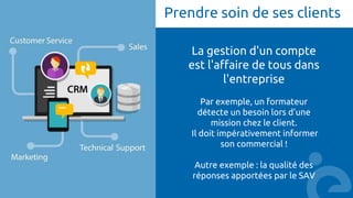 Prendre soin de ses clients
La gestion d'un compte
est l'affaire de tous dans
l'entreprise
Par exemple, un formateur
détecte un besoin lors d'une
mission chez le client.
Il doit impérativement informer
son commercial !
Autre exemple : la qualité des
réponses apportées par le SAV
 