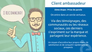 Client ambassadeur
2ème étape : Prise de parole
On entre dans un cercle vertueux.
Via des témoignages, des
communautés ou les réseaux
sociaux, ces derniers
s’expriment sur la marque et
partagent leur expérience.
Un moyen d’accroître leur propre niveau de
satisfaction et de conquérir rapidement les
prospects
 