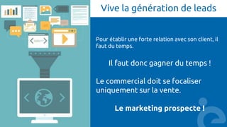 Vive la génération de leads
Pour établir une forte relation avec son client, il
faut du temps.
Il faut donc gagner du temps !
Le commercial doit se focaliser
uniquement sur la vente.
Le marketing prospecte !
 