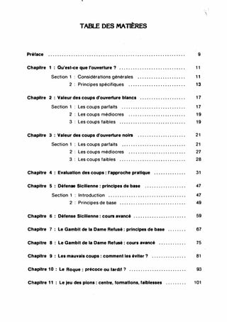 TABLE DES MATIÈRES
Préface . . . . . . . . . . . . . . . . . . . . . 4 • • • • • • • • • 4 • • • • • • • • • • • • • • • • • • • • • • • • • • • • 9
Chapitre 1 : Qu'est-ce que l'ouverture ? . . . . . . . . . . . . . . . . . . . . . . . . . . . . . 1 1
Section 1 : Considérations générales . . . . . . . . . . . . . . . . . . . . . 1 1
2 : Principes spécifiques . . . . . . . . . . . . . . . . . . . . . . . . . 1 3
Chapitre 2 : Valeur des coups d'ouverture blancs . . . . . . . . . . . . . . . . . . . . 1 7
Section 1 : Les coups parfaits . . . . . . . . . . . . . . . . . . . . . . . . . . . . . 1 7
2 : Les coups médiocres . . . . . . . . . . . . . . . . . . . . . . . . . 1 9
3 : Les coups faibles . . . . . . . . . . . . . . . . . . . . . . . . . . . . . 1 9
Chapitre 3 : Valeur des coups d'ouverture noirs . . . . . . . . . . . . . . . . . . . . . 2 1
Section 1 : Les coups parfaits . . . . . . . . . . . . . . . . . . . . . . . . . . . . 21
2 : Les coups médiocres . . . . . . . . . . . . . . . . . . . . . . . . . 27
3 : Les coups faibles . . . . . . . . . . . . . . . . . . . . . . . . . . . . . 28
Chapitre 4 : Evaluation des coups : l'approche pratique . . . . . . . . . . . . . . 31
Chapitre 5 : Défense Sicilienne : principes de base . . . . . . . . . . . . . . . . . . 47
Section 1 : Introduction . . . . . . . . . . . . . . . . . . . . . . . . . . . . . . . . . . 47
2 : Principes de base . . . . . . . . . . . . . . . . . . . . . . . . . . . . . 49
Chapitre 6 : Défense Sicilienne : cours avancé . . . . . . . . . . . . . . . . . . . . . . . 59
Chapitre 7 : Le Gambit de la Dame Refusé : principes de base • • • • • • • •
Chapitre 8 : Le Gambit de la Dame Relusé : cours avancé • • • • • • • • • • • •
67
75
Chapitre 9 : Les mauvais coups : comment les éviter ? . . . . . . . . . . . . . . . 81
Chapitre 1 0 : Le Roque : précoce ou tardif ? . . . . . . . . . . . . . . . . . . . . . . . . . 93
Chapitre 1 1 : Le jeu des pions : centre, forrnatlons, falblesses • • • • • • • • • 1 01
-
·
:
·
�
..,
·
,
 