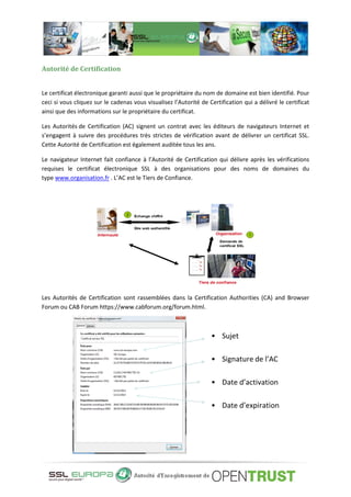 Autorité de Certification
Le certificat électronique garanti aussi que le propriétaire du nom de domaine est bien identifié. Pour
ceci si vous cliquez sur le cadenas vous visualisez l’Autorité de Certification qui a délivré le certificat
ainsi que des informations sur le propriétaire du certificat.
Les Autorités de Certification (AC) signent un contrat avec les éditeurs de navigateurs Internet et
s’engagent à suivre des procédures très strictes de vérification avant de délivrer un certificat SSL.
Cette Autorité de Certification est également auditée tous les ans.
Le navigateur Internet fait confiance à l’Autorité de Certification qui délivre après les vérifications
requises le certificat électronique SSL à des organisations pour des noms de domaines du
type www.organisation.fr . L’AC est le Tiers de Confiance.
Les Autorités de Certification sont rassemblées dans la Certification Authorities (CA) and Browser
Forum ou CAB Forum https://www.cabforum.org/forum.html.
 