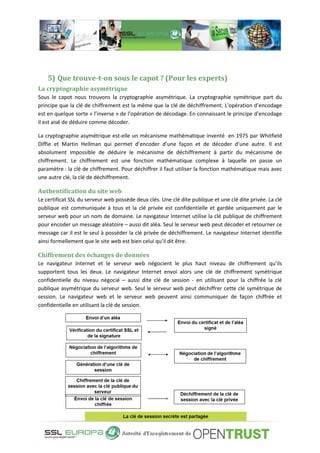 5) Que trouve-t-on sous le capot ? (Pour les experts)
La cryptographie asymétrique
Sous le capot nous trouvons la cryptographie asymétrique. La cryptographie symétrique part du
principe que la clé de chiffrement est la même que la clé de déchiffrement. L’opération d’encodage
est en quelque sorte « l’inverse » de l’opération de décodage. En connaissant le principe d’encodage
il est aisé de déduire comme décoder.
La cryptographie asymétrique est-elle un mécanisme mathématique inventé en 1975 par Whitfield
Diffie et Martin Hellman qui permet d’encoder d’une façon et de décoder d’une autre. Il est
absolument impossible de déduire le mécanisme de déchiffrement à partir du mécanisme de
chiffrement. Le chiffrement est une fonction mathématique complexe à laquelle on passe un
paramètre : la clé de chiffrement. Pour déchiffrer il faut utiliser la fonction mathématique mais avec
une autre clé, la clé de déchiffrement.
Authentification du site web
Le certificat SSL du serveur web possède deux clés. Une clé dite publique et une clé dite privée. La clé
publique est communiquée à tous et la clé privée est confidentielle et gardée uniquement par le
serveur web pour un nom de domaine. Le navigateur Internet utilise la clé publique de chiffrement
pour encoder un message aléatoire – aussi dit aléa. Seul le serveur web peut décoder et retourner ce
message car il est le seul à posséder la clé privée de déchiffrement. Le navigateur Internet identifie
ainsi formellement que le site web est bien celui qu’il dit être.
Chiffrement des échanges de données
Le navigateur Internet et le serveur web négocient le plus haut niveau de chiffrement qu’ils
supportent tous les deux. Le navigateur Internet envoi alors une clé de chiffrement symétrique
confidentielle du niveau négocié – aussi dite clé de session - en utilisant pour la chiffrée la clé
publique asymétrique du serveur web. Seul le serveur web peut déchiffrer cette clé symétrique de
session. Le navigateur web et le serveur web peuvent ainsi communiquer de façon chiffrée et
confidentielle en utilisant la clé de session.
 