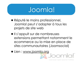 Joomla!
• Réputé le moins professionnel,

Joomla! peut s’adapter à tous les
projets de site web

• Il s’appuit sur de nombreuses

extensions permettant notamment le
ecommerce ou la mise en place de
sites communautaires (Joomsocial)

• Lien : www.joomla.org

 