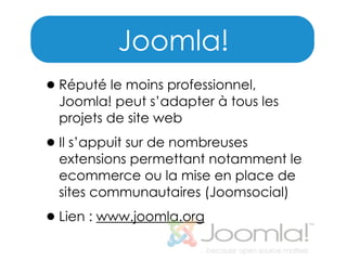 Joomla!
• Réputé le moins professionnel,

Joomla! peut s’adapter à tous les
projets de site web

• Il s’appuit sur de nomb...