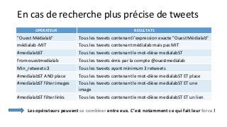 En cas de recherche plus précise de tweets 
OPERATEUR RESULTATS 
"Ouest Médialab" Tous les tweets contenant l’expression exacte "Ouest Médialab" 
médialab -MIT Tous les tweets contenant médialab mais pas MIT 
#medialabST Tous les tweets contenant le mot-dièse medialabST 
from:ouestmedialab Tous les tweets émis par la compte @ouestmedialab 
Min_retweets:3 Tous les tweets ayant minimum 3 retweets 
#medialabST AND place Tous les tweets contenant le mot-dièse medialabST ET place 
#medialabST filter:images Tous les tweets contenant le mot-dièse medialabST ET une 
image 
#medialabST filter:links Tous les tweets contenant le mot-dièse medialabST ET un lien 
Les opérateurs peuvent se combiner entre eux. C’est notamment ce qui fait leur force ! 
 