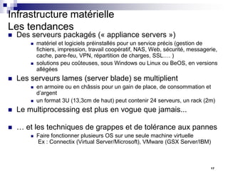 Infrastructure matérielle
Les tendances


Des serveurs packagés (« appliance servers »)






matériel et logiciels préinstallés pour un service précis (gestion de
fichiers, impression, travail coopératif, NAS, Web, sécurité, messagerie,
cache, pare-feu, VPN, répartition de charges, SSL…. )
solutions peu coûteuses, sous Windows ou Linux ou BeOS, en versions
allégées

Les serveurs lames (server blade) se multiplient




en armoire ou en châssis pour un gain de place, de consommation et
d’argent
un format 3U (13,3cm de haut) peut contenir 24 serveurs, un rack (2m)



Le multiprocessing est plus en vogue que jamais...



… et les techniques de grappes et de tolérance aux pannes


Faire fonctionner plusieurs OS sur une seule machine virtuelle
Ex : Connectix (Virtual Server/Microsoft), VMware (GSX Server/IBM)

17

 