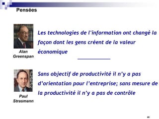 Pensées

Les technologies de l'information ont changé la
façon dont les gens créent de la valeur
Alan
Greenspan

économique

Sans objectif de productivité il n’y a pas
d’orientation pour l’entreprise; sans mesure de
Paul
Strasmann

la productivité il n’y a pas de contrôle

25

 