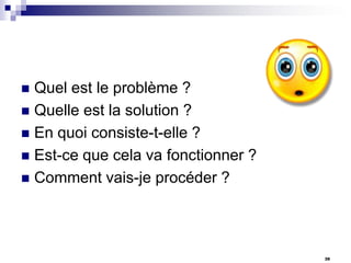 Quel est le problème ?
 Quelle est la solution ?
 En quoi consiste-t-elle ?
 Est-ce que cela va fonctionner ?
 Comment vais-je procéder ?


39

 