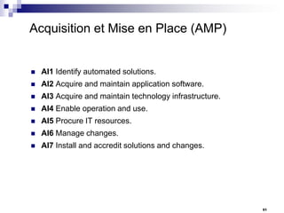 Acquisition et Mise en Place (AMP)



AI1 Identify automated solutions.



AI2 Acquire and maintain application software.



AI3 Acquire and maintain technology infrastructure.



AI4 Enable operation and use.



AI5 Procure IT resources.



AI6 Manage changes.



AI7 Install and accredit solutions and changes.

51

 