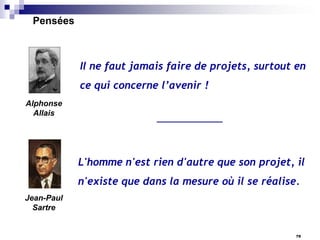 Pensées

Il ne faut jamais faire de projets, surtout en
ce qui concerne l’avenir !
Alphonse
Allais

L'homme n'est rien d'autre que son projet, il
n'existe que dans la mesure où il se réalise.
Jean-Paul
Sartre

79

 