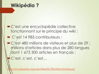 Wikipédia ?
C’est une encyclopédie collective
fonctionnant sur le principe du wiki ;
 C’est 14 983 contributeurs ;
C’est 480 millions de visiteurs et plus de 29 ;
millions d'articles dans plus de 280 langues
dont 1 673 300 articles en français ;
C’est, c’est, c’est…
https://fr.wikipedia.org/wiki/Wikip%C3%A9dia:Statistiques
 