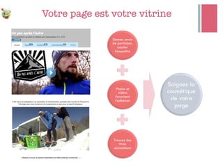 Votre page est votre vitrine
Donnez envie
de participer,
susciter
l’empathie
Photos et
vidéos
favorisent
l’adhésion
Trouvez des
titres
accrocheurs
Soignez la
cosmétique
de votre
page
 