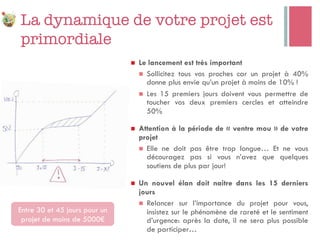 La dynamique de votre projet est
primordiale
n  Le lancement est très important
n  Sollicitez tous vos proches car un projet à 40%
donne plus envie qu’un projet à moins de 10% !
n  Les 15 premiers jours doivent vous permettre de
toucher vos deux premiers cercles et atteindre
50%
n  Attention à la période de « ventre mou » de votre
projet
n  Elle ne doit pas être trop longue… Et ne vous
découragez pas si vous n’avez que quelques
soutiens de plus par jour!
n  Un nouvel élan doit naitre dans les 15 derniers
jours
n  Relancer sur l’importance du projet pour vous,
insistez sur le phénomène de rareté et le sentiment
d’urgence: après la date, il ne sera plus possible
de participer…
Entre 30 et 45 jours pour un
projet de moins de 5000€
 