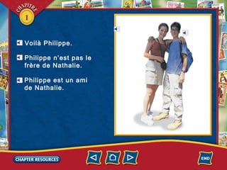 1
une amie
un ami
Voilà Philippe.
Philippe n’est pas le
frère de Nathalie.
Philippe est un ami
de Nathalie.
 