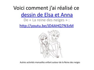 Voici comment j’ai réalisé ce
dessin de Elsa et Anna
De « La reine des neiges » :
http://youtu.be/JD4AHQ7N3zM
Autres activités manuelles enfant autour de la Reine des neiges
 
