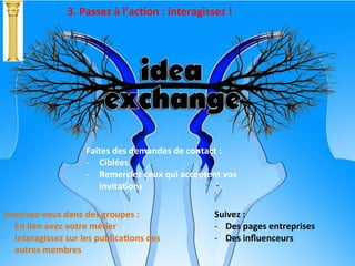 3.	
  Passez	
  à	
  l’acTon	
  :	
  interagissez	
  !	
  
Inscrivez-­‐vous	
  dans	
  des	
  groupes	
  :	
  
-­‐  En	
  lien	
  avec	
  votre	
  méTer	
  
-­‐  Interagissez	
  sur	
  les	
  publicaTons	
  des	
  
autres	
  membres	
  	
  
Faites	
  des	
  demandes	
  de	
  contact	
  :	
  
-­‐  Ciblées	
  
-­‐  Remerciez	
  ceux	
  qui	
  acceptent	
  vos	
  
invitaTons	
  
Suivez	
  :	
  
-­‐  Des	
  pages	
  entreprises	
  
-­‐  Des	
  inﬂuenceurs	
  
 