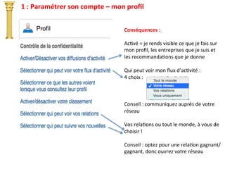 1	
  :	
  Paramétrer	
  son	
  compte	
  –	
  mon	
  proﬁl	
  
Conséquences	
  :	
  
	
  
AcIvé	
  =	
  je	
  rends	
  visible	
  ce	
  que	
  je	
  fais	
  sur	
  
mon	
  proﬁl,	
  les	
  entreprises	
  que	
  je	
  suis	
  et	
  
les	
  recommandaIons	
  que	
  je	
  donne	
  
	
  
Qui	
  peut	
  voir	
  mon	
  ﬂux	
  d’acIvité	
  :	
  	
  
4	
  choix	
  :	
  
	
  
	
  
	
  
Conseil	
  :	
  communiquez	
  auprès	
  de	
  votre	
  
réseau	
  
	
  
Vos	
  relaIons	
  ou	
  tout	
  le	
  monde,	
  à	
  vous	
  de	
  
choisir	
  !	
  
	
  
Conseil	
  :	
  optez	
  pour	
  une	
  relaIon	
  gagnant/
gagnant,	
  donc	
  ouvrez	
  votre	
  réseau	
  
	
  
 