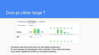 Dois-je cibler large ?
- Facebook sera très performant sur des petites audiences !
- Si vous essayez de développer votre notoriété, il faut cibler plus large.
- Vous serez rapidement limité sur une petite audience.
 