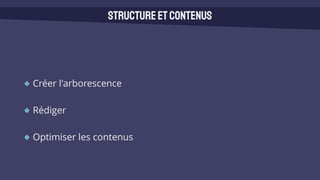 Créer l'arborescence
Rédiger
Optimiser les contenus
Structureetcontenus
 