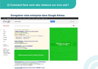 2) Comment faire venir des visiteurs sur mon site?



  Enregistrer votre entreprise dans Google Adress
 