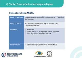 4) Choix d’une solution technique adaptée


  Outils et solutions: MySQL

   Qu’est ce que c’est Langage de programmation « open-source » , standard
   ?                   de l’internet

   A quoi ça sert ?   Site internet catalogue ou site e-commerce. En
                      complément de PHP.

   Avantages          • Adaptable
                      • Faible temps de chargement si bien optimisé
                      • Sans impact sur le référencement




   Inconvénients      • Connaître la programmation informatique
 