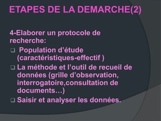 ETAPES DE LA DEMARCHE(2)

4-Elaborer un protocole de
recherche:
 Population d’étude
  (caractéristiques-effectif )
 La méthode et l’outil de recueil de
  données (grille d’observation,
  interrogatoire,consultation de
  documents…)
 Saisir et analyser les données.
 