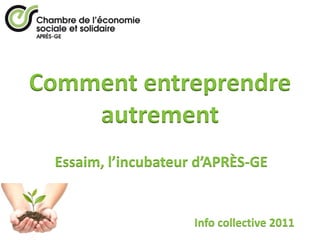Comment entreprendre
    autrement
 Essaim, l’incubateur d’APRÈS-GE


                     Info collective 2011
 