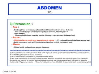 ABDOMEN
(2/5)
3) Percussion 1)
- Foie : 
. Bord supérieur au niveau du gril costal : matité continuant vers le bas du thor...