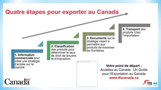 Quatre étapes pour exporter au Canada
1. Information
commerciale pour
créer une stratégie
d’entrée sur le
marché
2. Classification
des produits pour
déterminer le taux
de droit de douane
et d’imposition
3. Documents sur la
stratégie visant à
permettre aux
produits de traverser
les frontières
4. Transport des
produits chez
l’importateur
22
Votre point de départ :
Accédez au Canada : Un Guide
pour l’Exportation au Canada
www.tfocanada.ca
This image cannot currently be displayed.
 