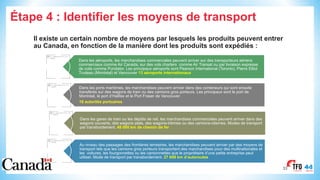 Étape 4 : Identifier les moyens de transport
Il existe un certain nombre de moyens par lesquels les produits peuvent entrer
au Canada, en fonction de la manière dont les produits sont expédiés :
33
Au niveau des passages des frontières terrestres, les marchandises peuvent arriver par des moyens de
transport tels que les camions gros porteurs transportant des marchandises pour des multinationales et
les voitures, les fourgonnettes ou les camionnettes que le propriétaire d’une petite entreprise peut
utiliser. Mode de transport par transbordement. 27 608 km d’autoroutes
This image cannot currently be
displayed.
Dans les aéroports, les marchandises commerciales peuvent arriver sur des transporteurs aériens
commerciaux comme Air Canada, sur des vols charters comme Air Transat ou par livraison expresse
de colis comme Purolator. Les principaux aéroports sont Pearson International (Toronto), Pierre Elliot
Trudeau (Montréal) et Vancouver 13 aéroports internationaux
This image cannot currently be
displayed.
Dans les gares de train ou les dépôts de rail, les marchandises commerciales peuvent arriver dans des
wagons couverts, des wagons plats, des wagons-trémies ou des camions-citernes. Modes de transport
par transbordement. 48 000 km de chemin de fer
This image cannot currently be
displayed.
Dans les ports maritimes, les marchandises peuvent arriver dans des conteneurs qui sont ensuite
transférés sur des wagons de train ou des camions gros porteurs. Les principaux sont le port de
Montréal, le port d’Halifax et le Port Fraser de Vancouver.
18 autorités portuaires
This image cannot currently be
displayed.
 