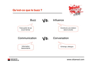 Qu’est-ce que le buzz ?


                      Buzz
                             V s.   Inﬂuence

     Faire parler de soi                 Construire une relation
       (court terme)                        dans la durée




    Communication
                             Vs.    Conversation

        Information                      Echange, dialogue
       descendante




                                                  www.citizenact.com
 