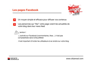 Les pages Facebook


>   Un moyen simple et efﬁcace pour diffuser vos contenus

>   Les personnes qui “like” votre page voient les actualités de
    votre blog dans leur news feed


    Attention !
    -L’activité sur Facebook (commentaires, likes…) n’est pas
    comptabilisée dans le BuzzMeter
    -Il est important d’inciter les utilisateurs à se rendre sur votre blog




                                                                       www.citizenact.com
 