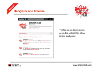 e
   ex
 nn
     Décrypter une timeline
A




                              Twitter est un écosystème
                              avec des spéciﬁcités et un
                              jargon particulier.




                                           www.citizenact.com
 