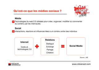 Qu’est-ce que les médias sociaux ?

  Média
> Technologies du web 2.0 utilisées pour créer, organiser, modiﬁer ou commenter
  du contenu par les internautes

  Social
> Interactions, réactions et inﬂuences liées à un contenu entre des individus



                                      Relations
         Internet
                                        Dialogue
         Outils et                      Echange                     Social Media
     technologies 2.0                   Partage
                                        Création

                                                                                Source : IAB



                                                                       www.citizenact.com
 