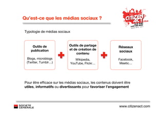 Qu’est-ce que les médias sociaux ?

Typologie de médias sociaux



     Outils de              Outils de partage
                                                           Réseaux
    publication             et de création de
                                                           sociaux
                                 contenu
 Blogs, microblogs               Wikipedia,                Facebook,
 (Twitter, Tumblr…)           YouTube, Flickr…              Meetic…




Pour être efﬁcace sur les médias sociaux, les contenus doivent être
utiles, informatifs ou divertissants pour favoriser l’engagement




                                                            www.citizenact.com
 