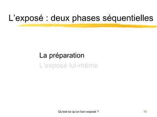 L’exposé : deux phases séquentielles

La préparation
L’exposé lui-même

Qu’est-ce qu’un bon exposé ?

10

 