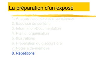 La préparation d’un exposé
1. Analyse : auditoire et circonstances
2. Esquisse du contenu
3. Information-Documentation
4. Plan et organisation
5. Illustrations
6. Préparation du discours oral
7. Notes aide-mémoire
8. Répétitions

 