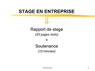 STAGE EN ENTREPRISE

⇓
Rapport de stage
(25 pages recto)

+
Soutenance
(15 minutes)

Introduction

5

 