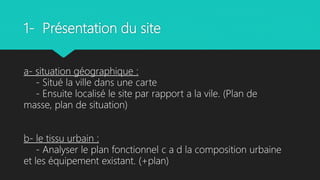 1- Présentation du site
a- situation géographique :
- Situé la ville dans une carte
- Ensuite localisé le site par rapport...