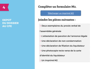 DEPOT 
DU DOSSIER
AU CFE
Compléter un formulaire M2.
Joindre les pièces suivantes :
o	
  Deux exemplaires du procès verbal de
l’assemblée générale
o L’attestation de parution de l’annonce légale
o Une déclaration de non condamnation
o Une déclaration de filiation du liquidateur
o Une photocopie recto-verso de la carte
d’identité du liquidateur
o Un imprimé M2
Télécharger	
  un	
  imprimé	
  M2
 