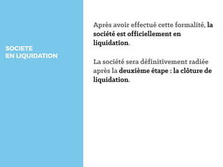 SOCIETE
EN LIQUIDATION
Après avoir effectué cette formalité, la
société est officiellement en
liquidation.
La société sera définitivement radiée
après la deuxième étape : la clôture de
liquidation.
 