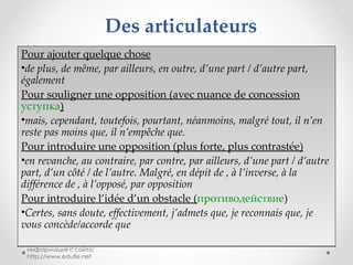 Des articulateurs Pour ajouter quelque chose de plus, de même, par ailleurs, en outre, d’une part / d’autre part, également Pour souligner une opposition (avec nuance de concession   уступка ) mais, cependant, toutefois, pourtant, néanmoins, malgré tout, il n’en reste pas moins que, il n’empêche que. Pour introduire une opposition (plus forte, plus contrastée) en revanche, au contraire, par contre, par ailleurs, d’une part / d’autre part, d’un côté / de l’autre. Malgré, en dépit de , à l’inverse, à la différence de , à l’opposé, par opposition Pour introduire l’idée d’un obstacle  ( противодействие ) Certes, sans doute, effectivement, j’admets que, je reconnais que, je vous concède/accorde que информация с сайта: http://www.edufle.net 